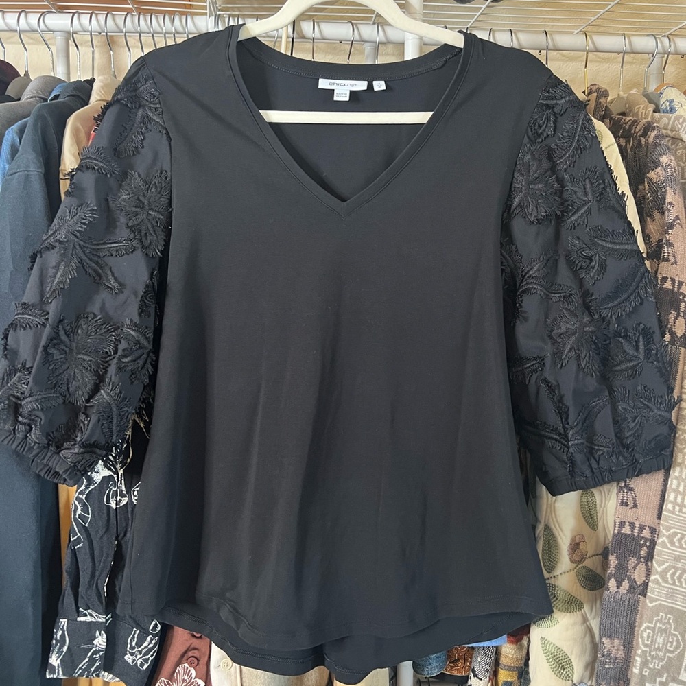 Chico's Black V-Neck Blouse with Textured Sleeves